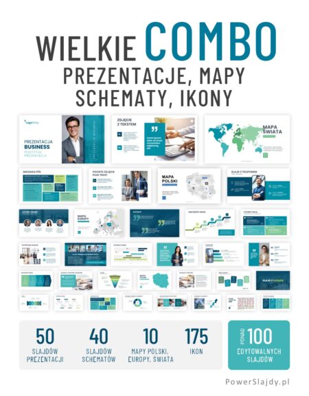 Wielkie Combo: szablon prezentacje PowerPoint, mapy polska, europa, świat, schematy, wykresy, ikony