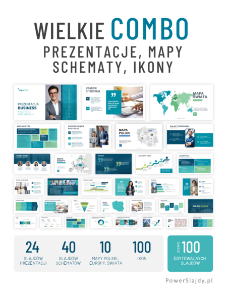 Wielkie Combo: szablon prezentacje PowerPoint, mapy polska, europa, świat, schematy, wykresy, ikony