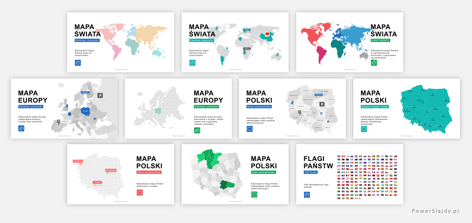 Prezentacja Power Point, template slajd animowany: Mapa świata, Europa, Polska