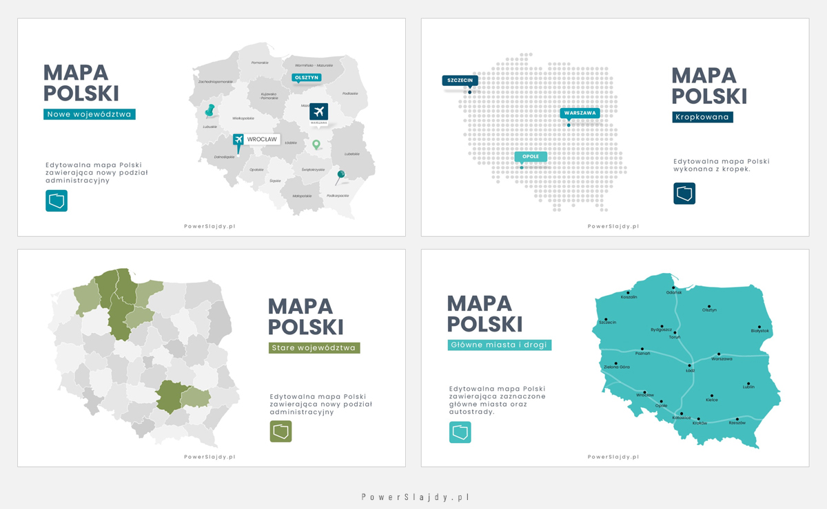 mapa polska: template z podziałem na województwa, kropkowana, z podziałem na stare województwa, z miastami i głównymi drogami